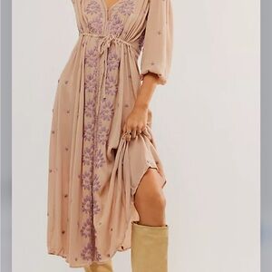 Free People Floral Embroidered Dress in Soft Tan